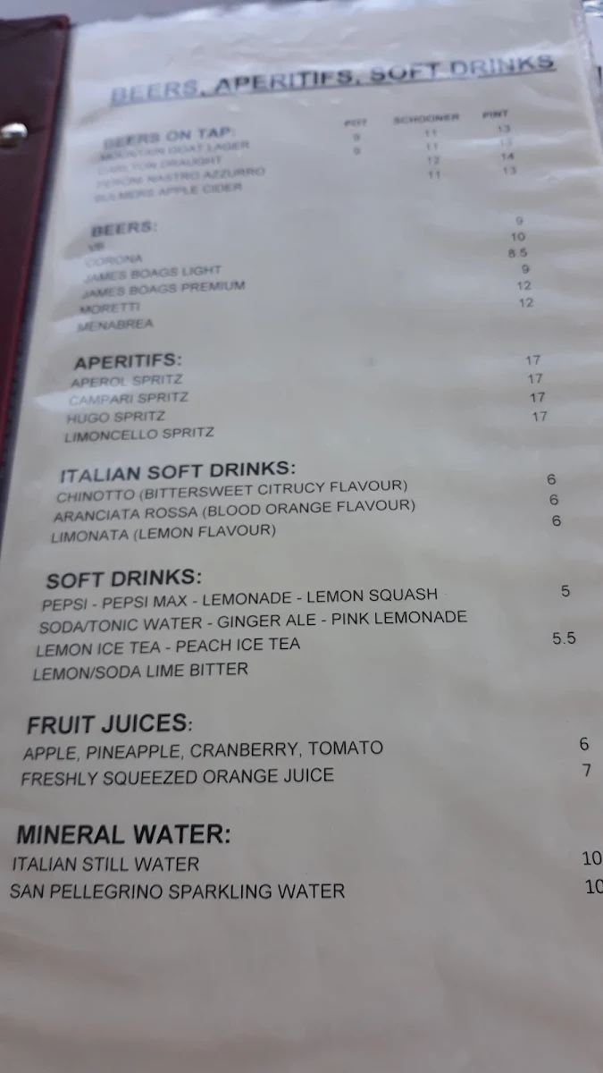 Menu, Renzo's Bar