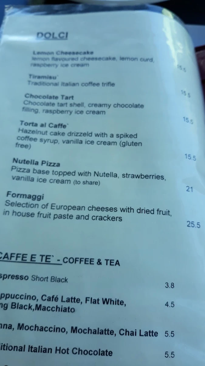 Menu, Renzo's Bar