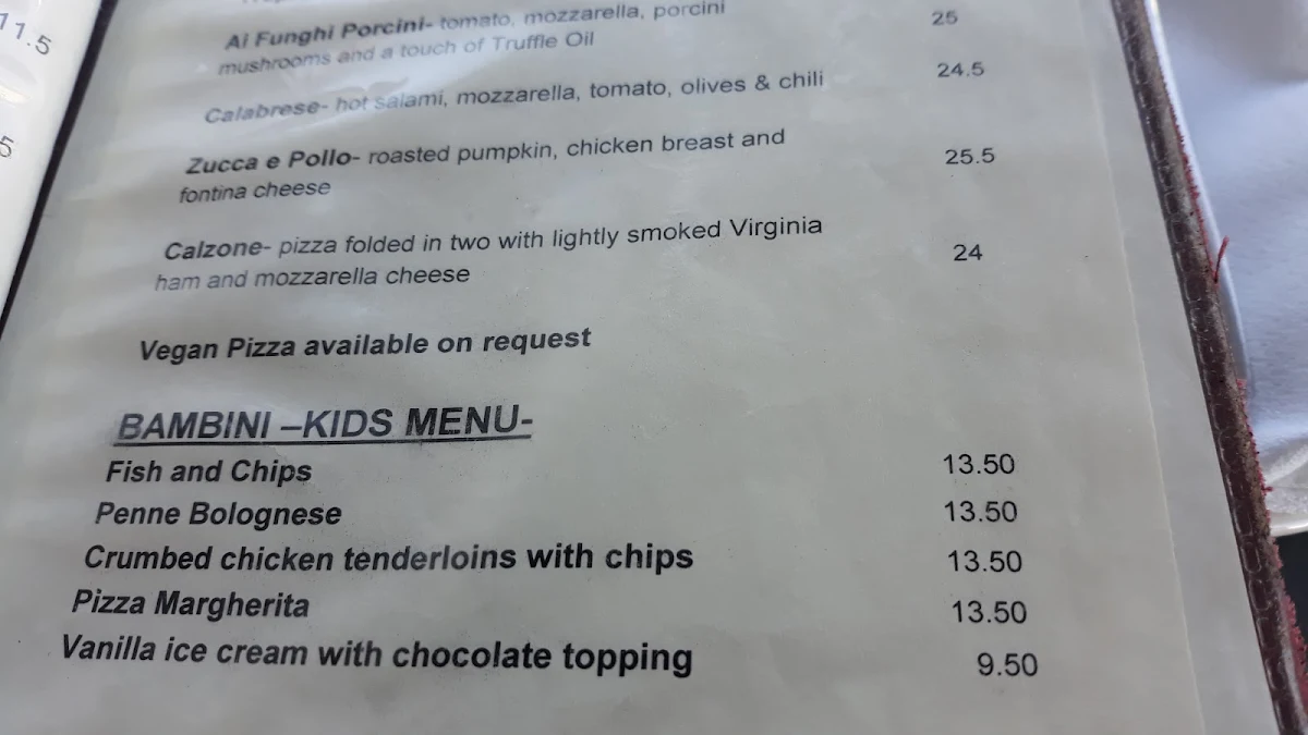 Menu, Renzo's Bar