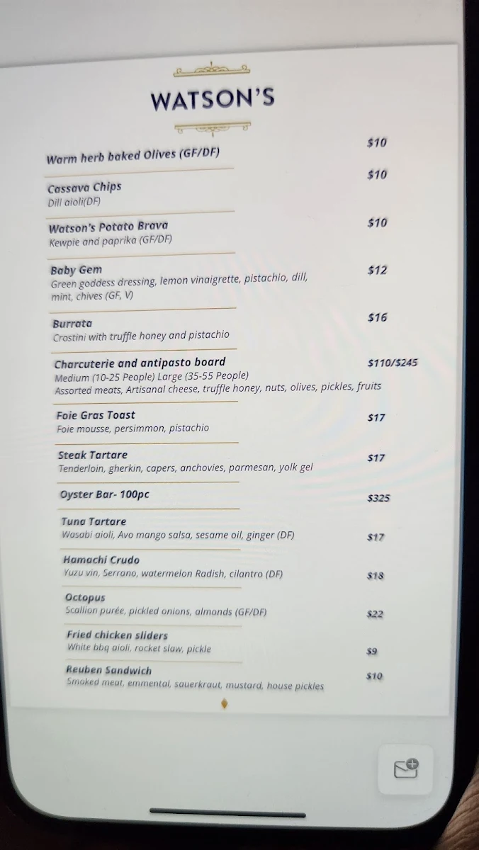 Menu, Watson's