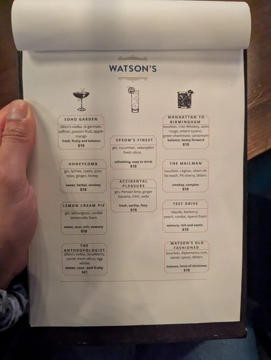 Menu, Watson's