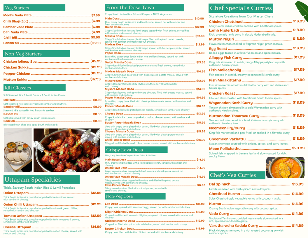 Menu, Mint Leaf South Indian Restaurant