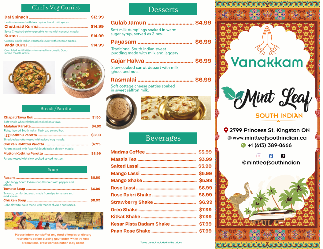 Menu, Mint Leaf South Indian Restaurant