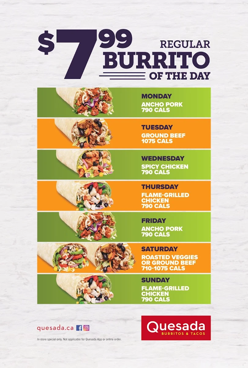 Menu, Quesada Burritos & Tacos