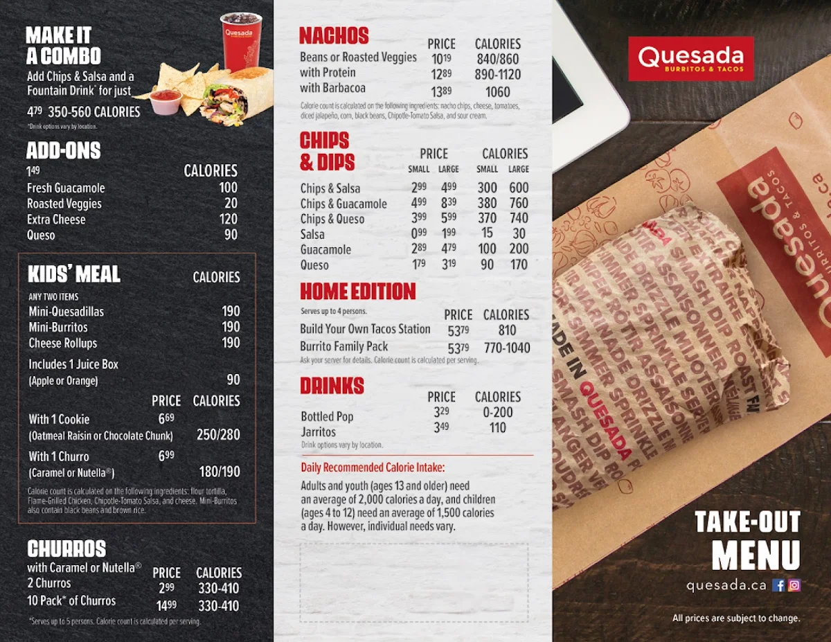 Menu, Quesada Burritos & Tacos