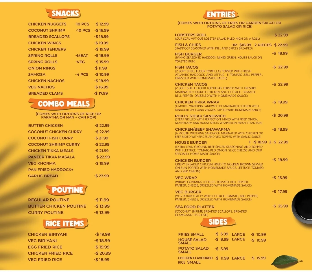Menu, Quick Fire indian and International Cuisine