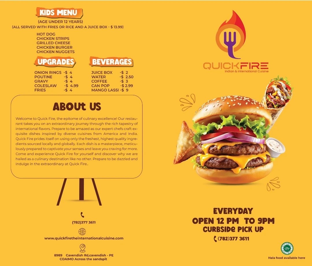 Menu, Quick Fire indian and International Cuisine