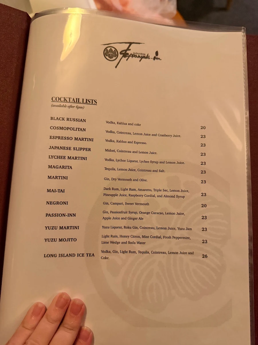Menu, Japanese Teppanyaki Inn