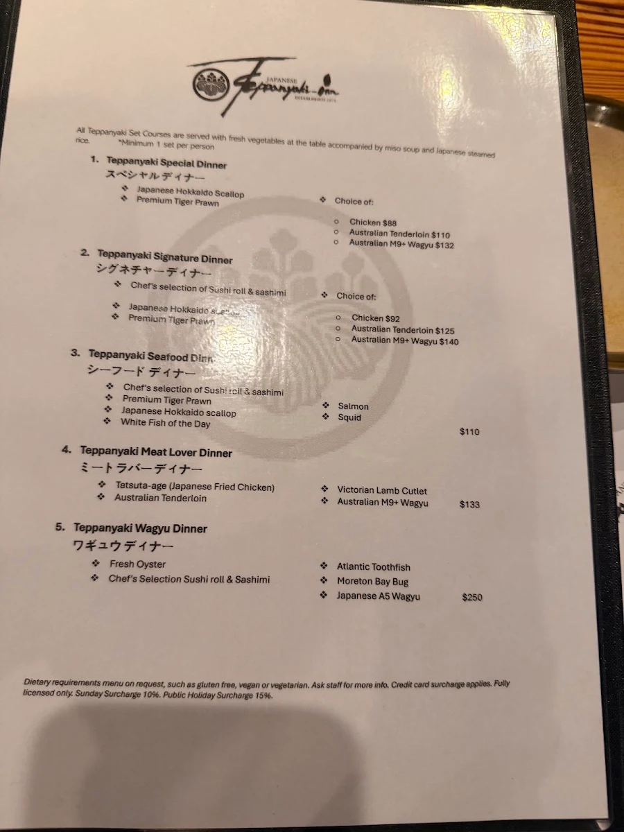 Menu, Japanese Teppanyaki Inn