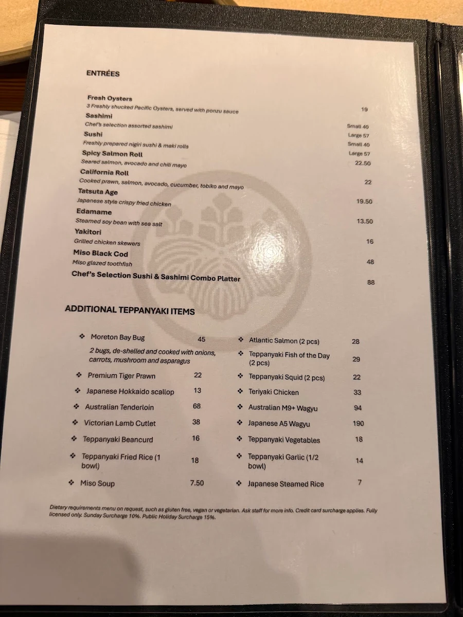 Menu, Japanese Teppanyaki Inn
