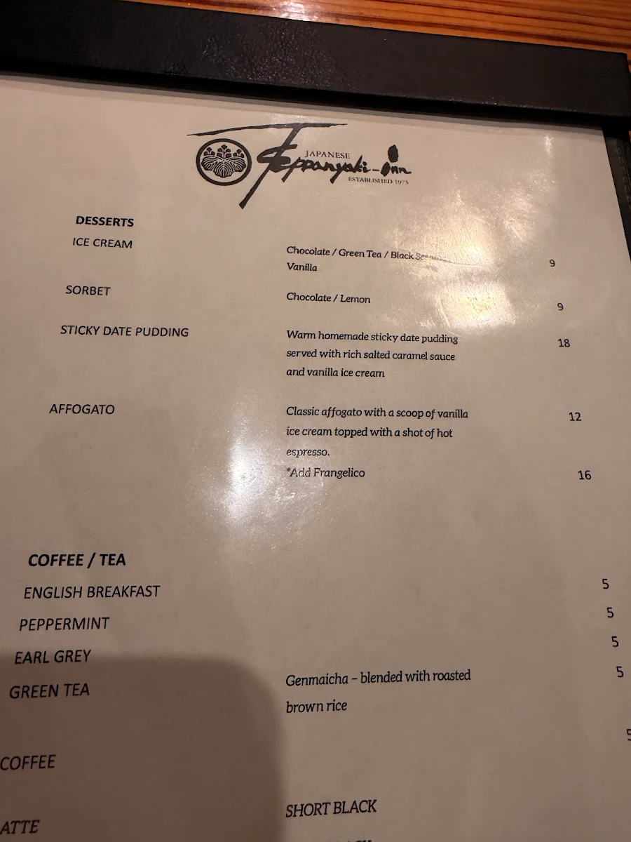 Menu, Japanese Teppanyaki Inn