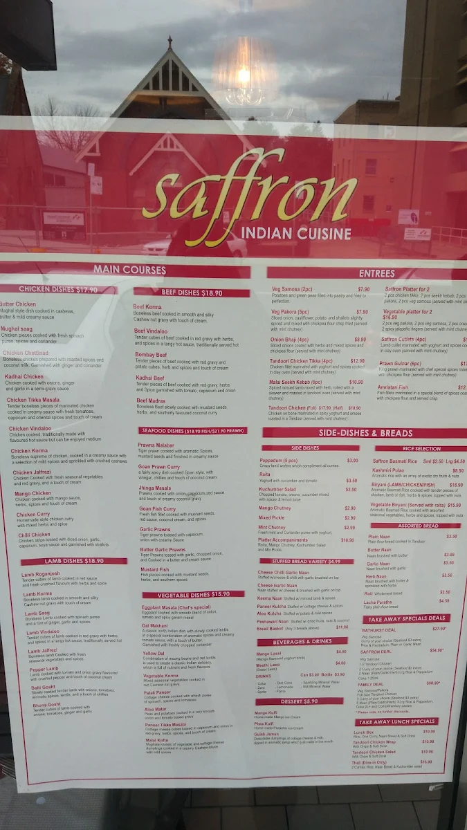 Menu, Saffron Indian Cuisine Bathurst