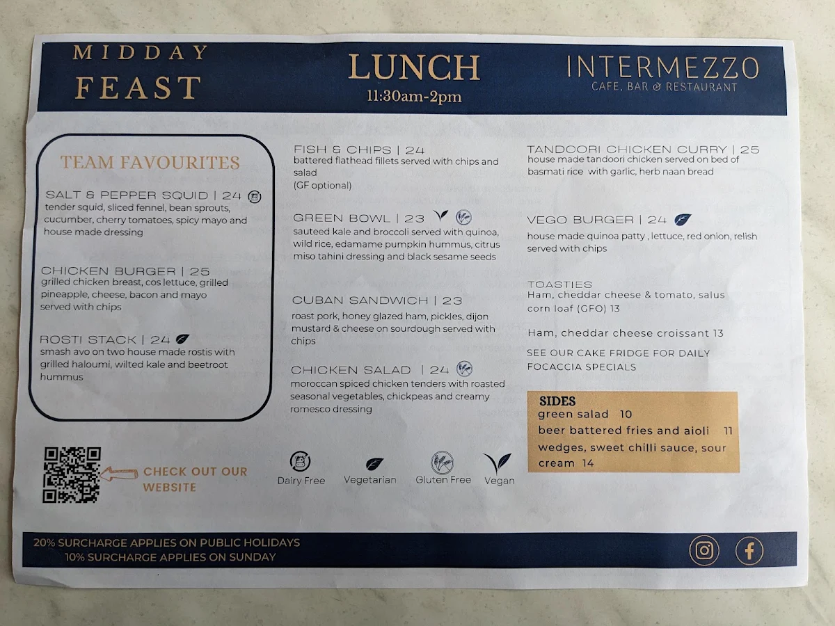 Menu, Intermezzo Cafe
