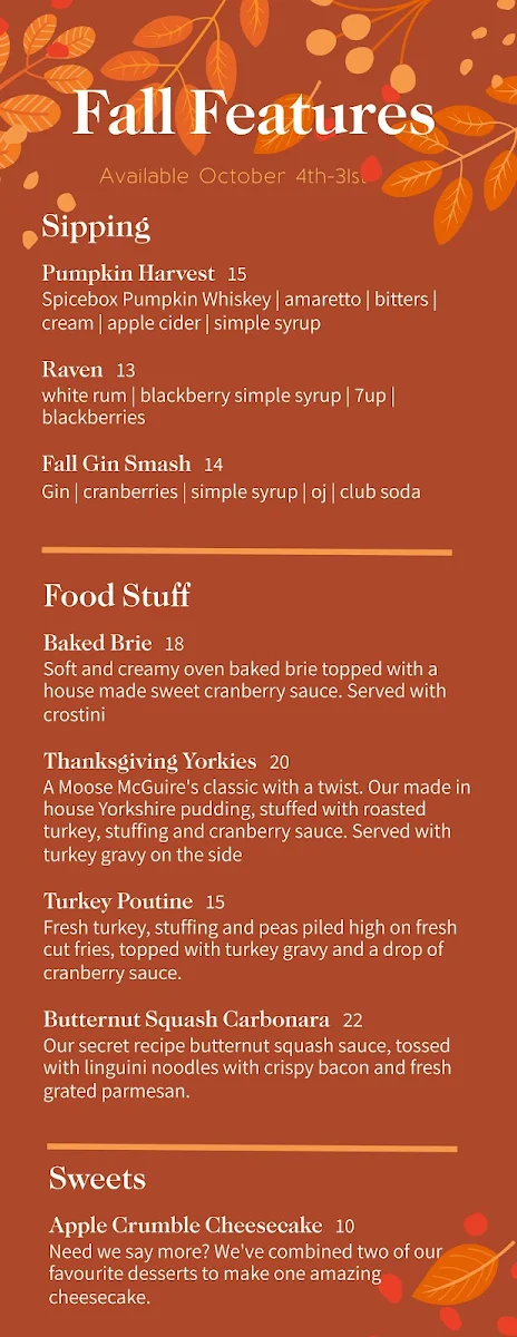 Menu, Moose McGuire's Huntclub