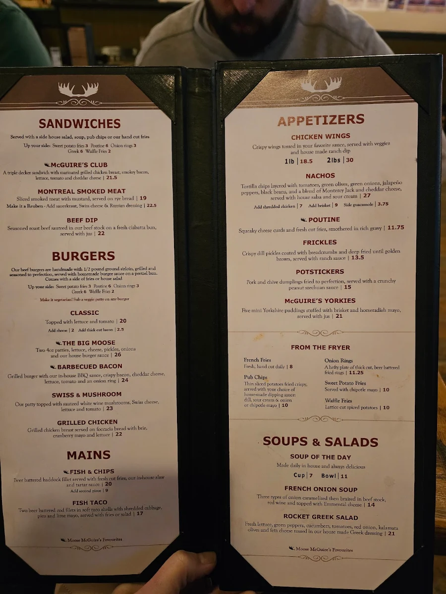 Menu, Moose McGuire's Huntclub