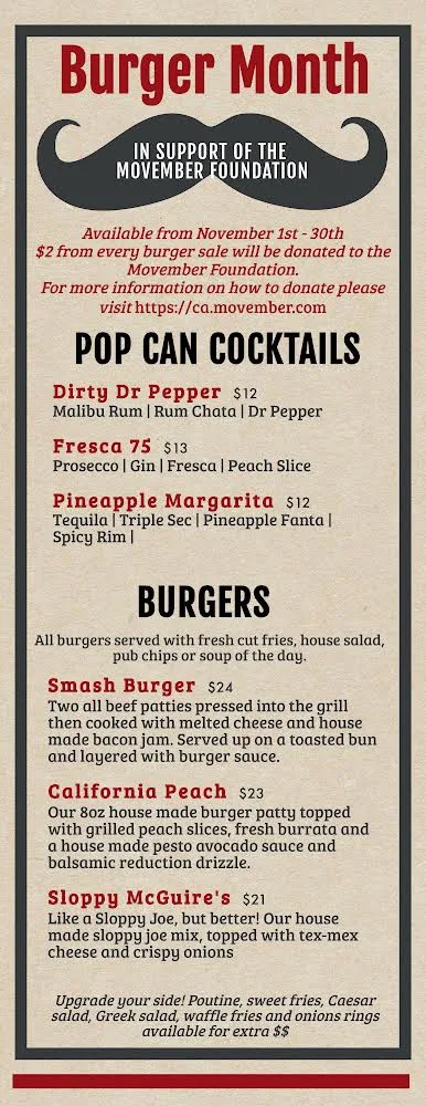 Menu, Moose McGuire's Huntclub