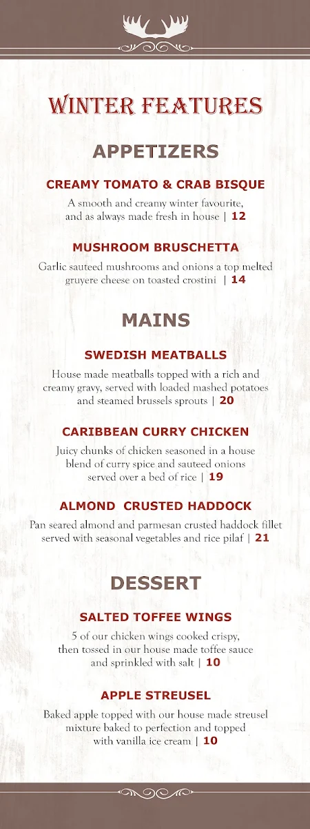 Menu, Moose McGuire's Huntclub