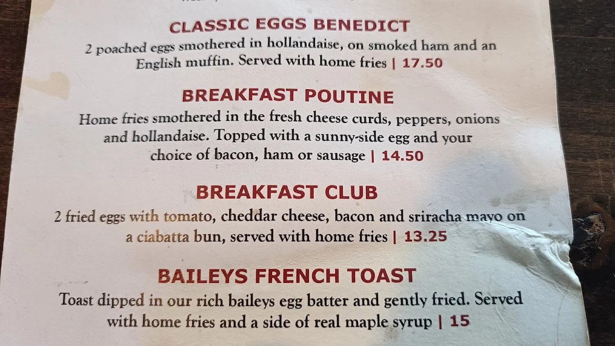 Menu, Moose McGuire's Huntclub