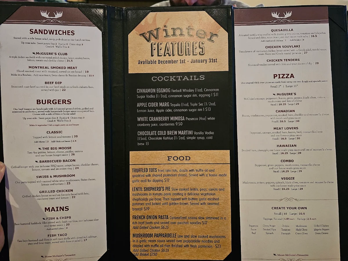 Menu, Moose McGuire's Huntclub