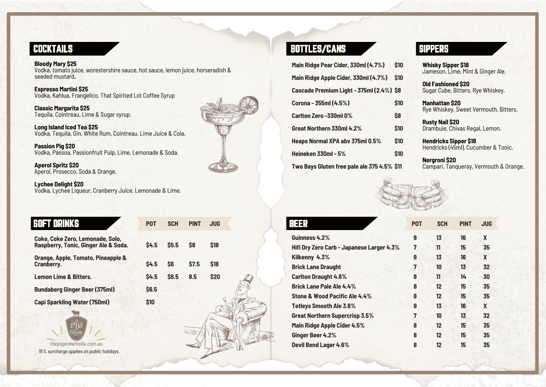 Menu, The Pig & Whistle Tavern Main Ridge