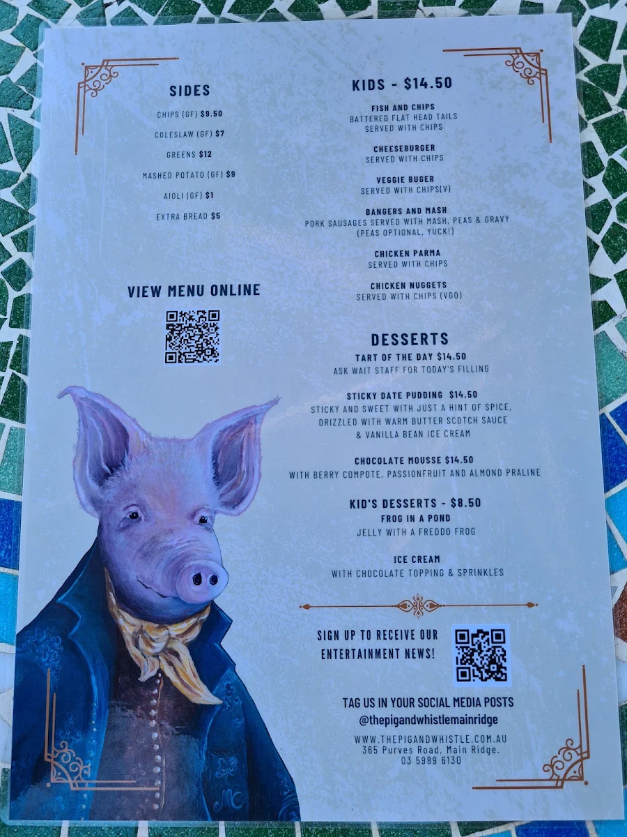 Menu, The Pig & Whistle Tavern Main Ridge