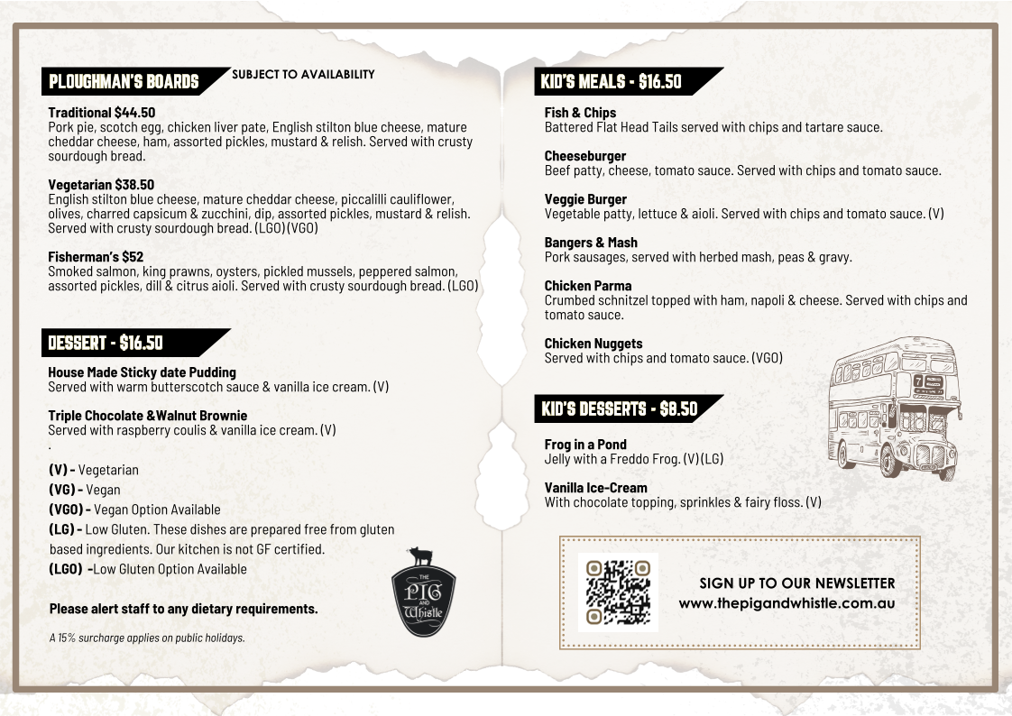 Menu, The Pig & Whistle Tavern Main Ridge