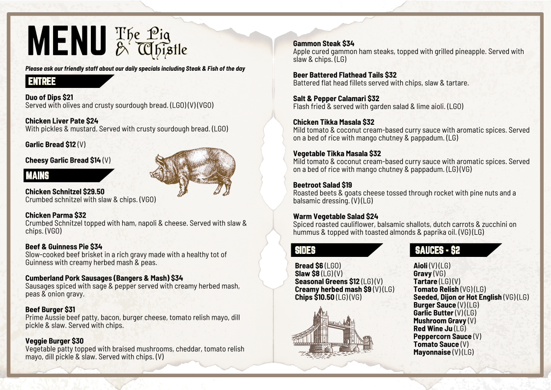 Menu, The Pig & Whistle Tavern Main Ridge