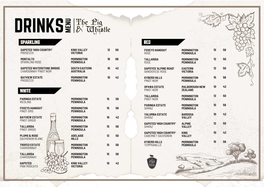 Menu, The Pig & Whistle Tavern Main Ridge