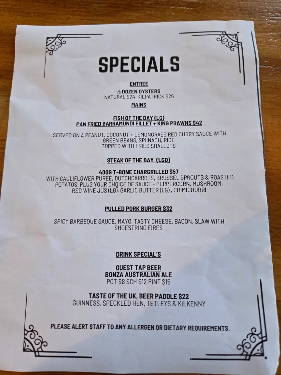 Menu, The Pig & Whistle Tavern Main Ridge