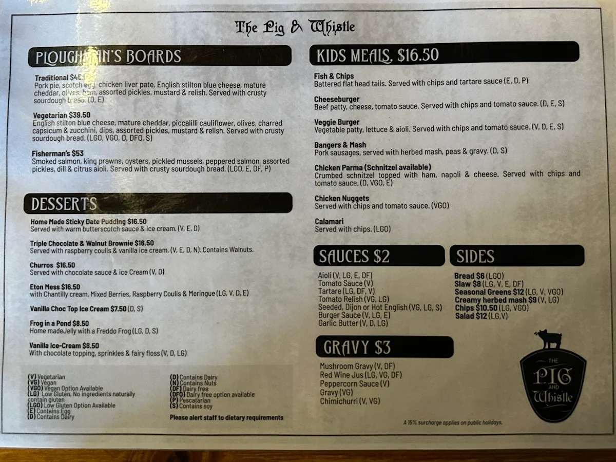 Menu, The Pig & Whistle Tavern Main Ridge