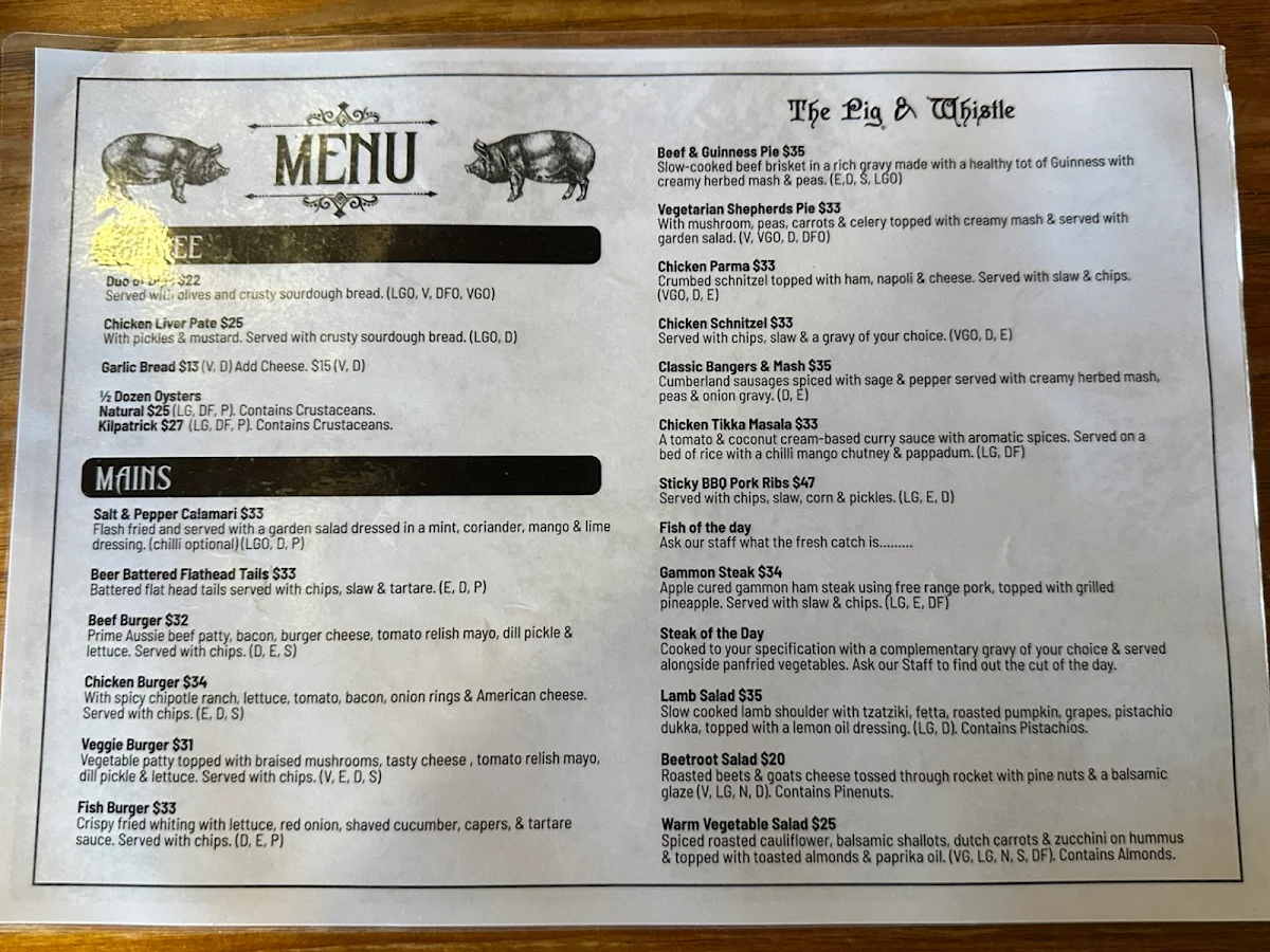 Menu, The Pig & Whistle Tavern Main Ridge