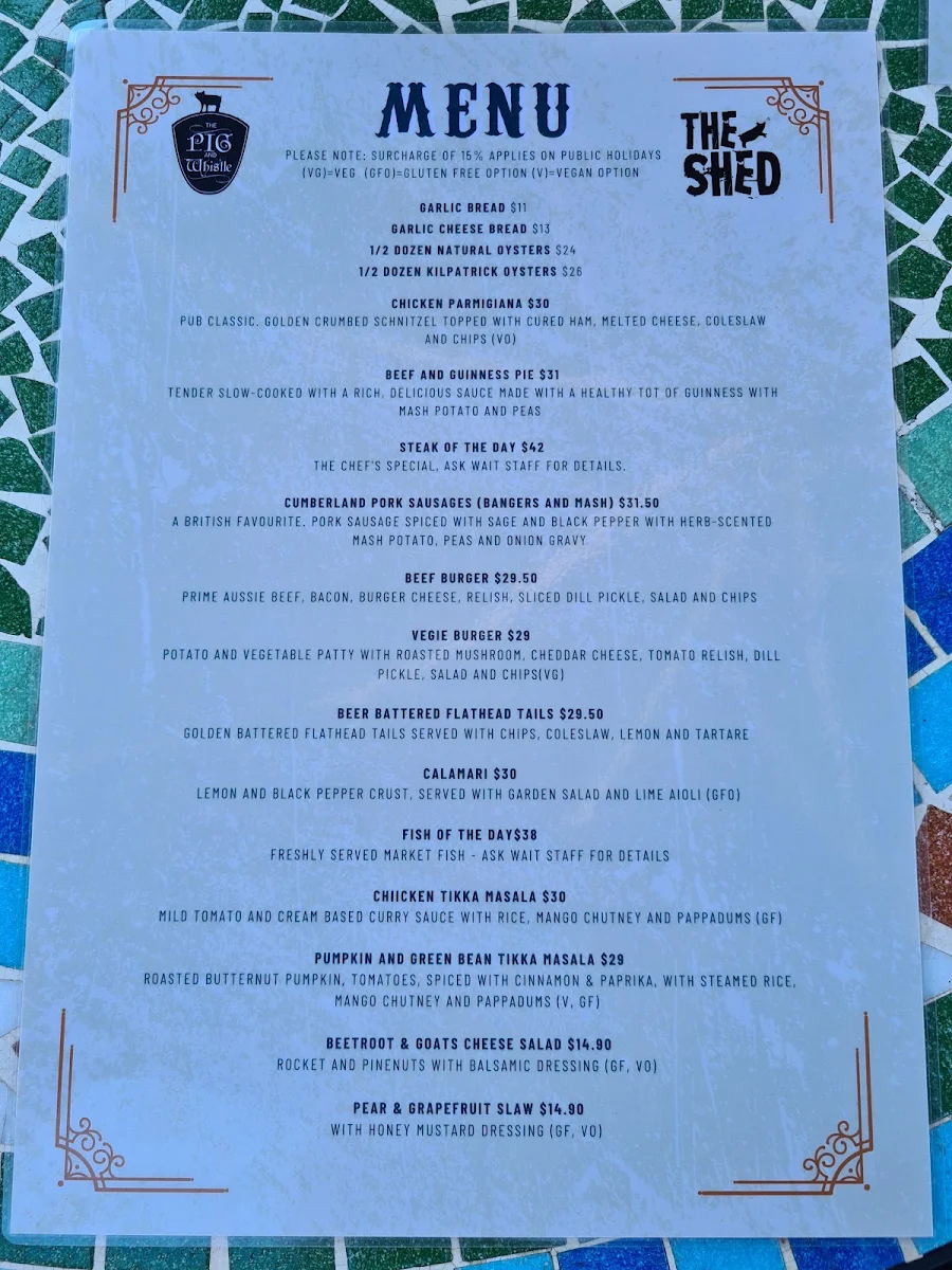 Menu, The Pig & Whistle Tavern Main Ridge