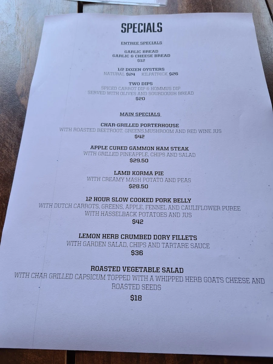 Menu, The Pig & Whistle Tavern Main Ridge