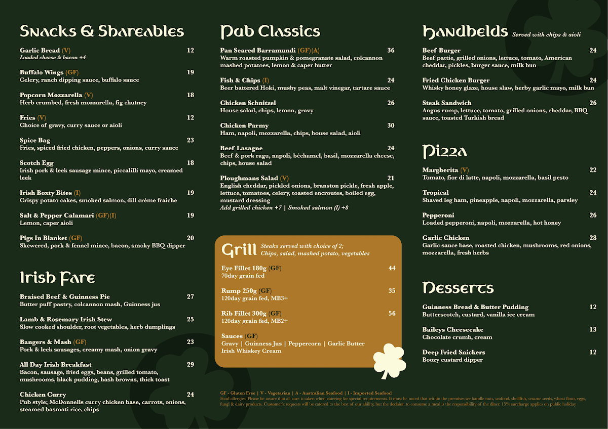 Menu, Foxy Malone's Irish Pub