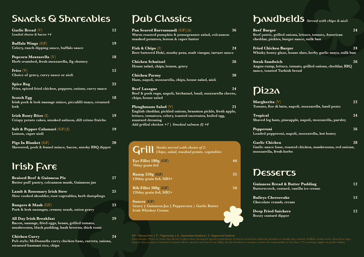 Menu, Foxy Malone's Irish Pub