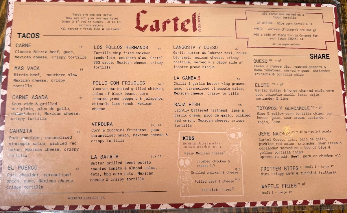 Menu, Cartel Taqueria - Belco