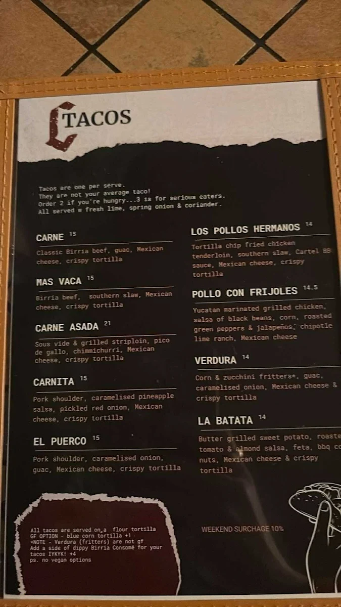 Menu, Cartel Taqueria - Belco