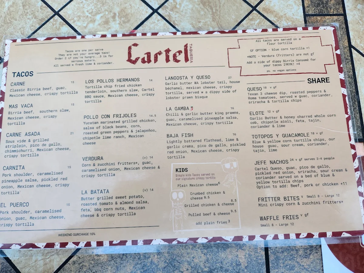 Menu, Cartel Taqueria - Belco