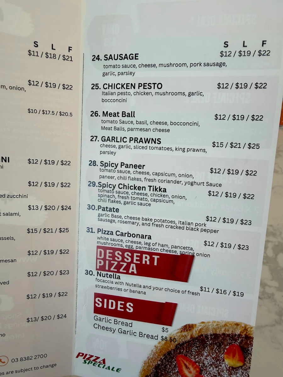Menu, Pizza Speciale Caroline Springs