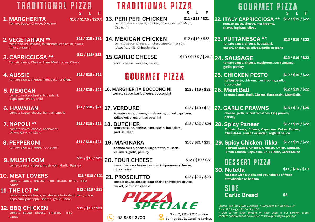 Menu, Pizza Speciale Caroline Springs