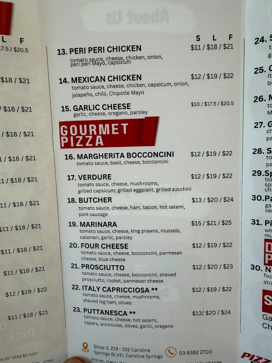 Menu, Pizza Speciale Caroline Springs