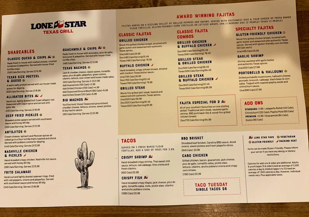 Menu, Lone Star Texas Grill