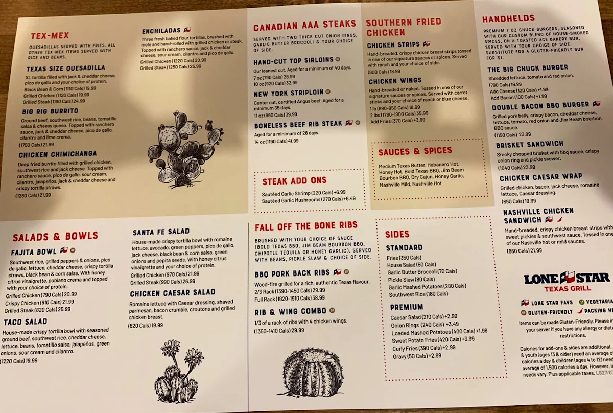 Menu, Lone Star Texas Grill