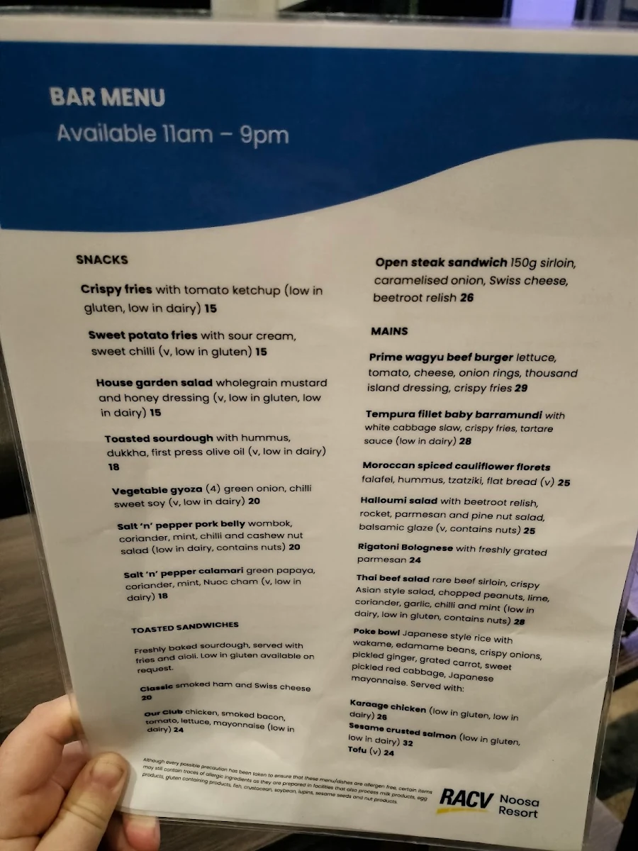 Menu, Dazzas Bar at RACV Noosa Resort