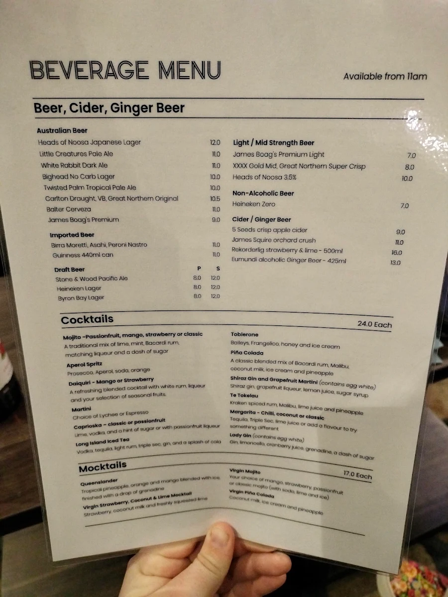 Menu, Dazzas Bar at RACV Noosa Resort