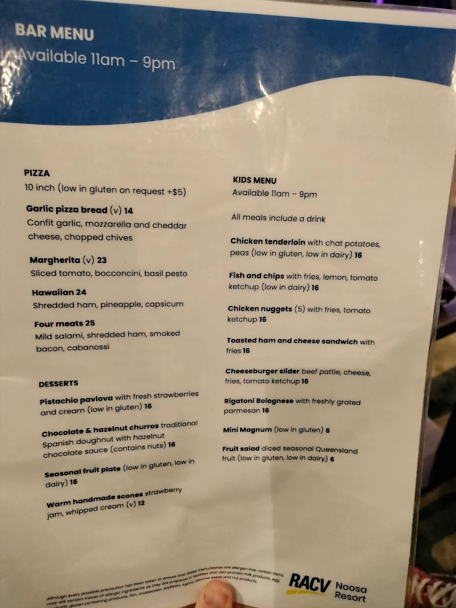 Menu, Dazzas Bar at RACV Noosa Resort