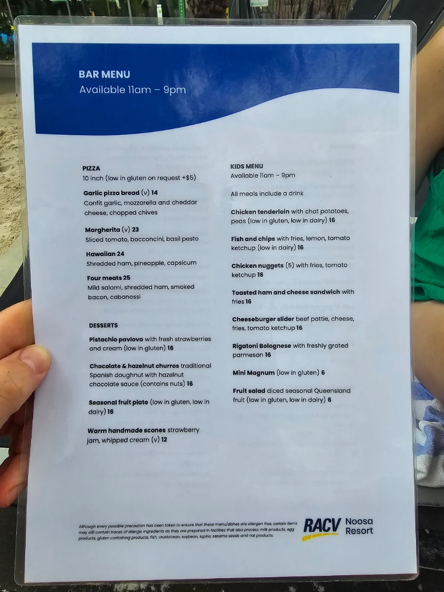 Menu, Dazzas Bar at RACV Noosa Resort