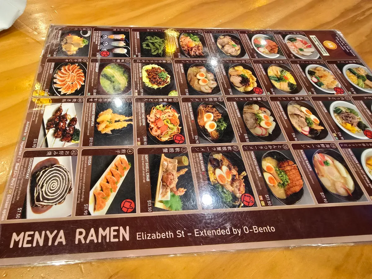 Menu, Menya Ramen Elizabeth