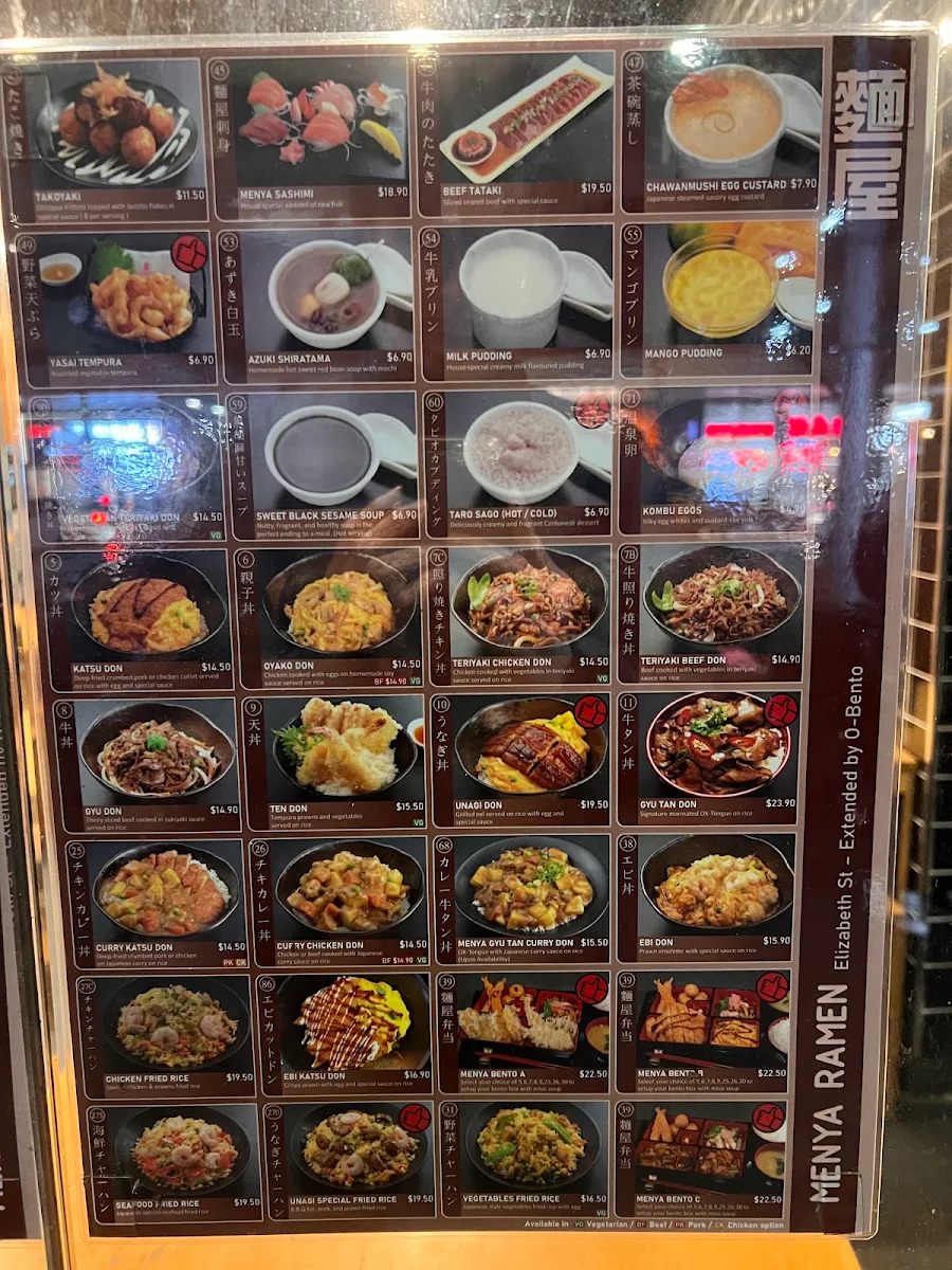 Menu, Menya Ramen Elizabeth
