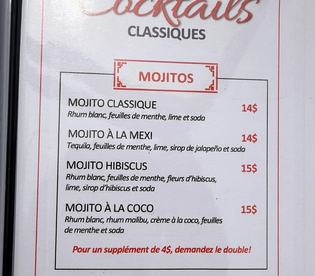 Menu, Restaurant Agave - Saint-Jean-sur-Richelieu